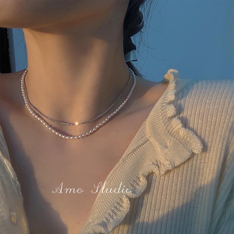 YEEZII Kalung Rantai Choker Multilayer Hias Liontin Kupu-Kupu Ceri Hati Mutiara Warna Silver Untuk Wanita