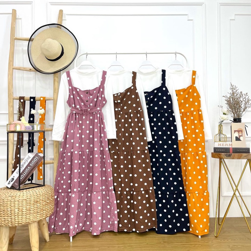 Gamis model overall kancing sabuk motif polkadot bahan voxy merk cocobee (808)