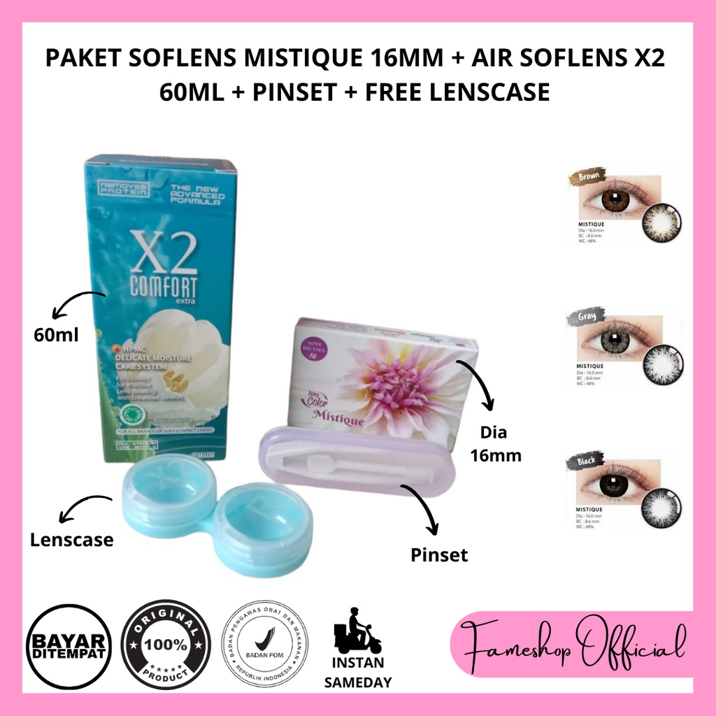 PAKET SOFTLENS MISTIQUE DIA 16MM + CAIRAN X2 60ML + PINSET + LENSCASE / COD INSTAN SAMEDAY / LENSA KONTAK / PAKET MURAH