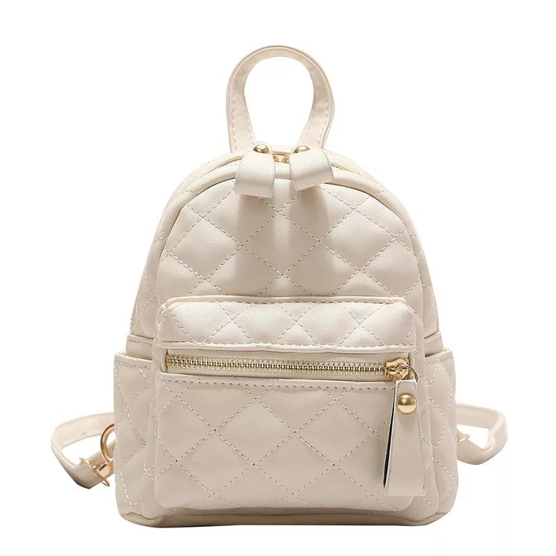 COD Ransel Mini Kulit Sintetis Motif Jait-Jait Bordir / Ransel Wanita Remaja Murah / Tas Ransel-Krem