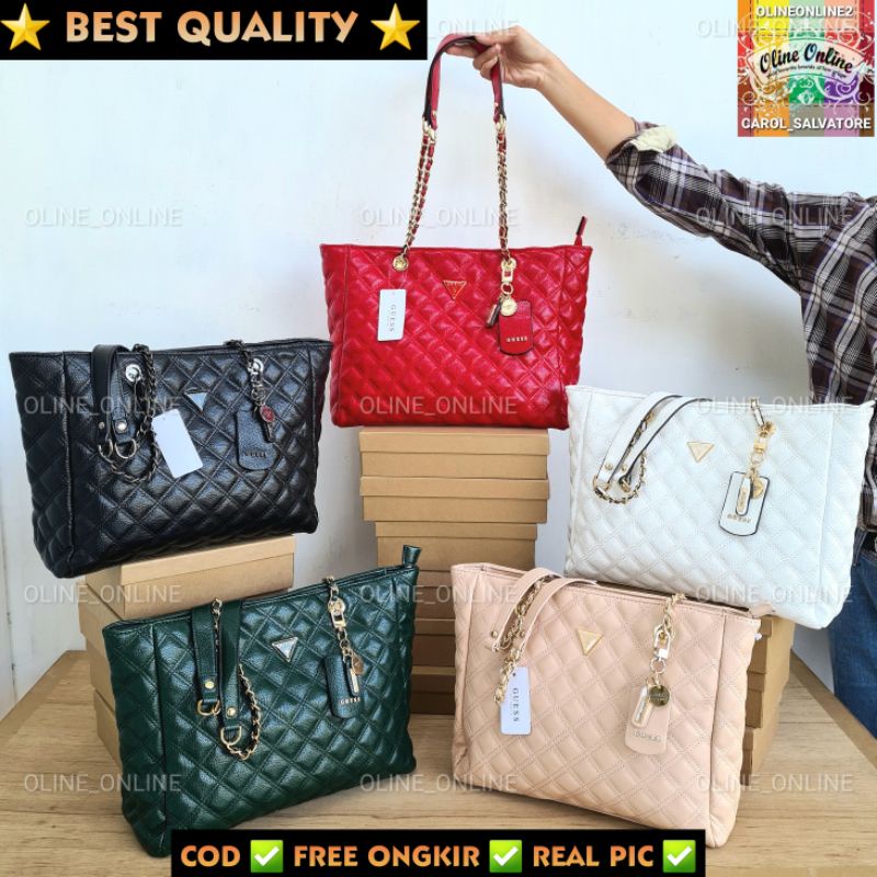 (WODB) Tas cessily tote shopper bag quilted gs black cream office bag gs carry all neverfull gb