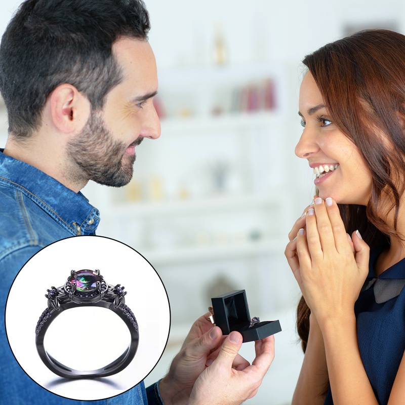 Cincin Emas Hitam Hias Kristal Zircon Ungu Berlian Untuk Pria Dan Wanita