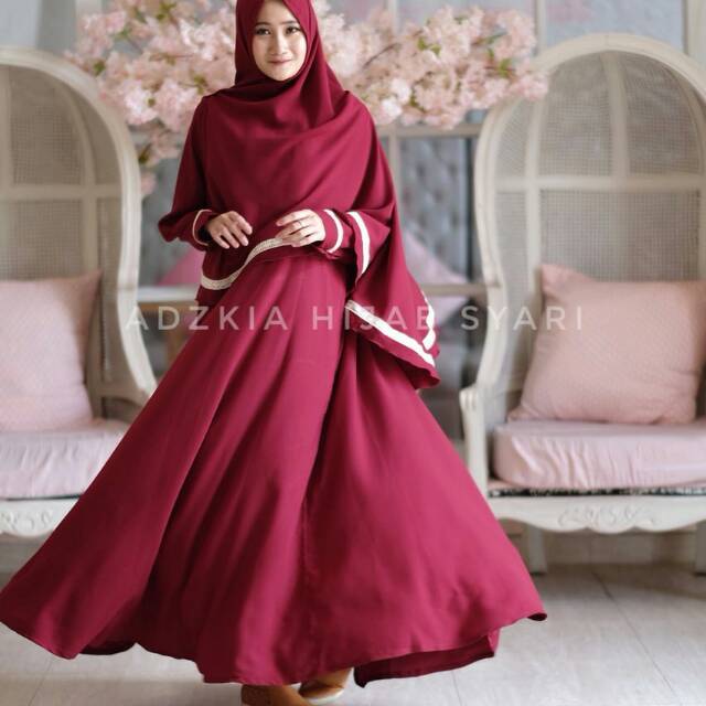 Baju Gamis Justmine set Maroon original by Adzkia Hijab syari