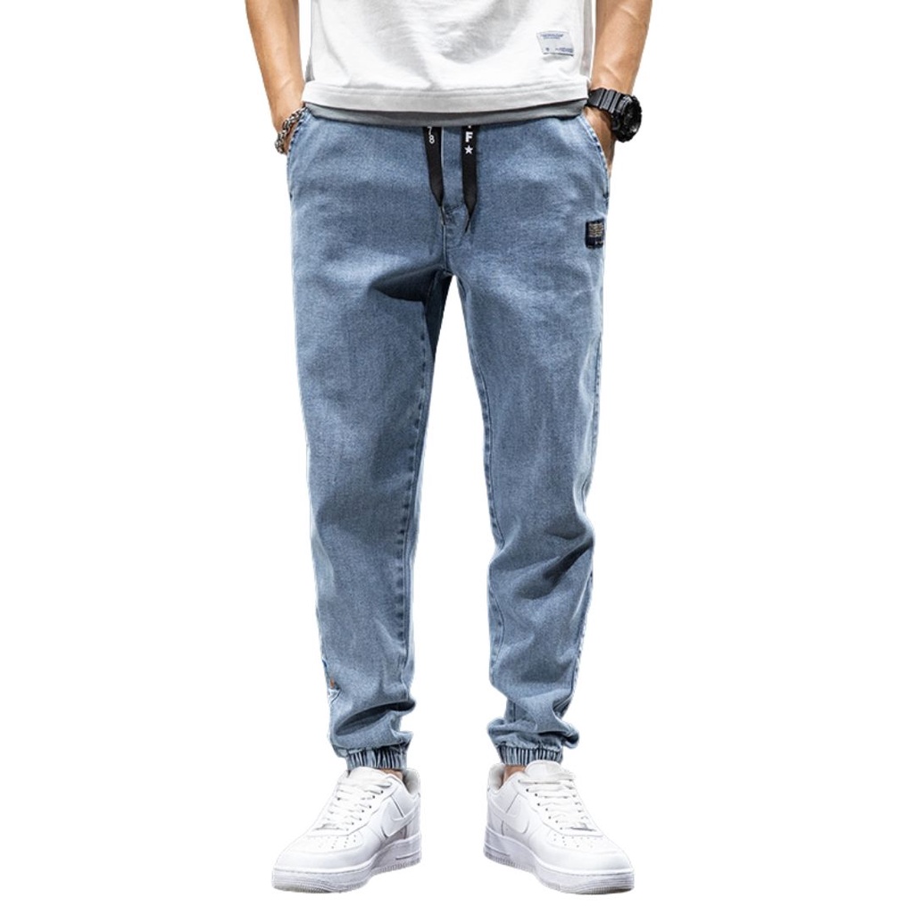 Jeans Kargo (JO-JEANS) Hitam Biru Musim Semi Musim Panas Celana Jogger Denim Ala Jalanan Pria Celana