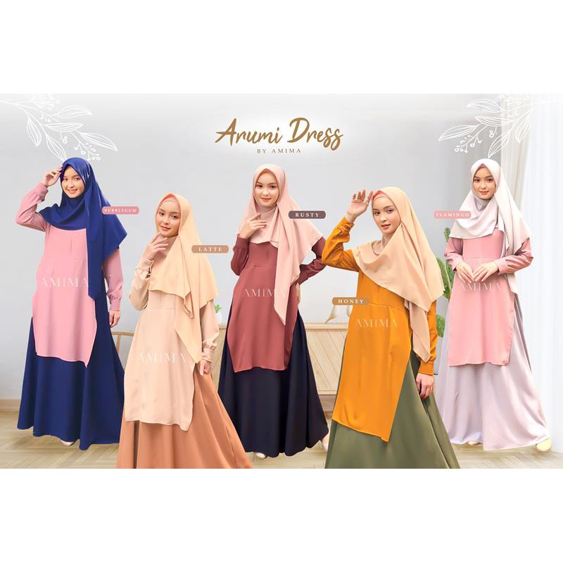 ARUMI DRESS AMIMA GAMIS SYARI MURAH CANTIK BAJU BUSANA MUSLIM BUSUI SET TUNIK ROK