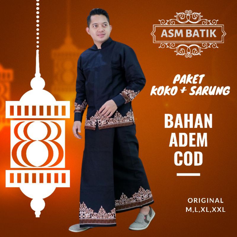 ASM Setelan Sarung Kemeja Batik Koko Hitam Polos / Setelan Baju Batik / Sarung Batik Pria