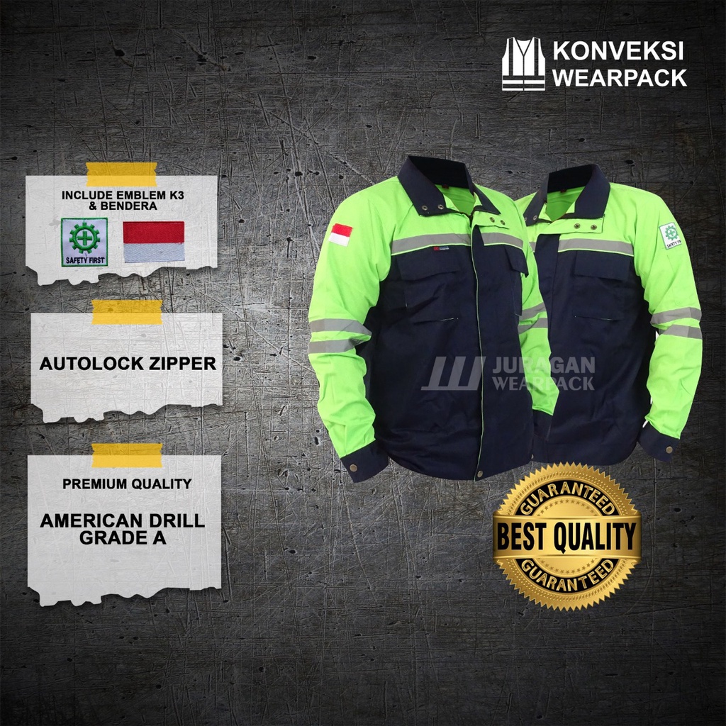 Jaket Safety Warna Hijau Stabilo Kombinasi Biru Navy