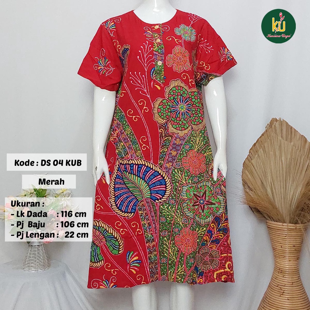 COD DS04 KUB | Daster Batik Kencana Ungu Asli Label Biru Uk. Jumbo LD 120 cm | Baju Santai Tidur Wanita Dewasa Kancing Depan Busui Friendly Motif Terbaru-Merah G