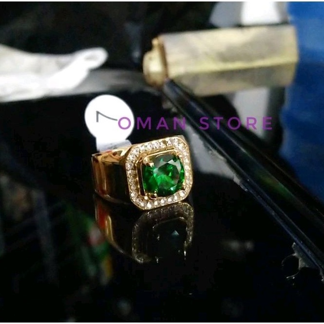 Cincin Titanium Pria Batu Aquamarine Hijau Anti Karat