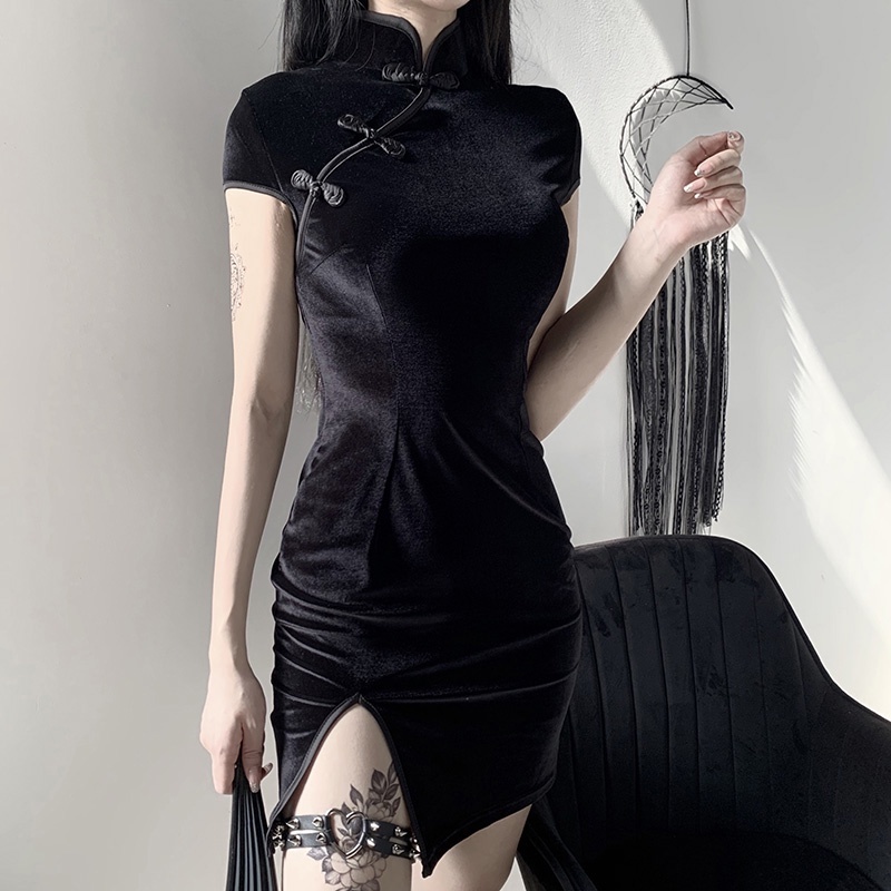 [Goth Story] Bodycon Sexy Velvet Mini Dress Wanita Model Cheongsam 8477 (S/M/L)