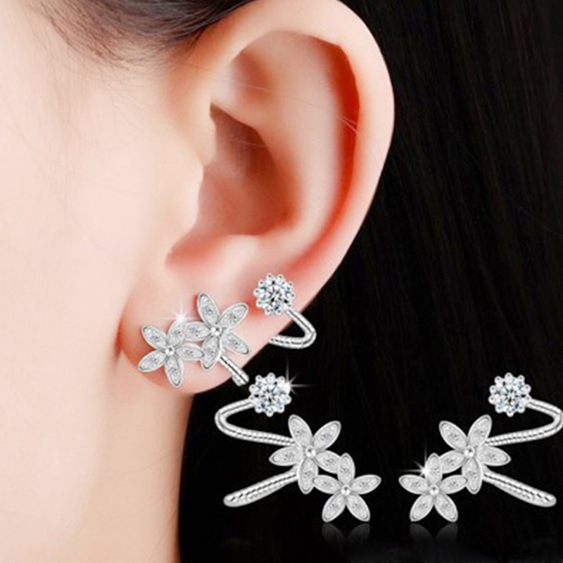 Anting Klip Bentuk Bunga Warna Silver Rose Gold Untuk Wanita