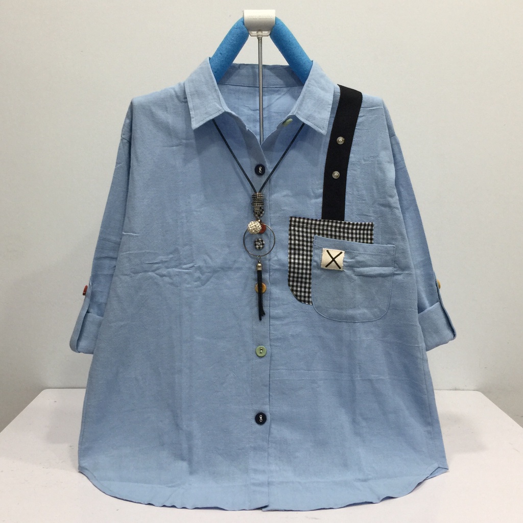 HVL B343 ATASAN KEMEJA WANITA KATUN LINEN IMPORT SIZE XL LD 106CM-BIRU