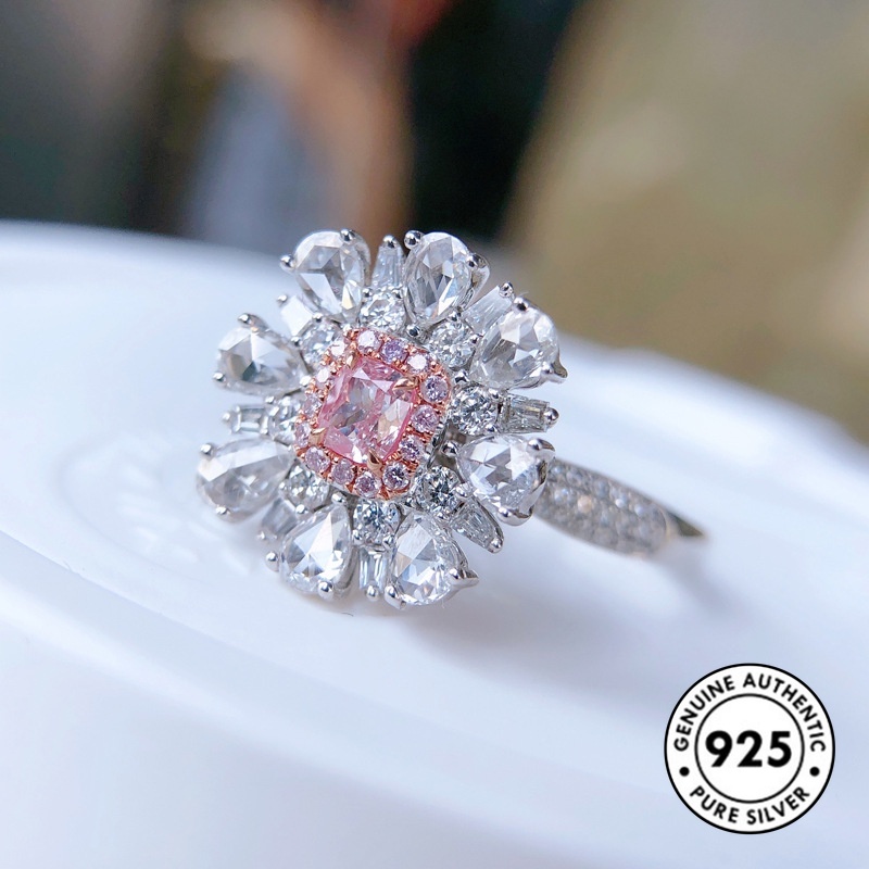Cincin S925 Silver Bentuk Kotak Aksen Berlian Warna Pink