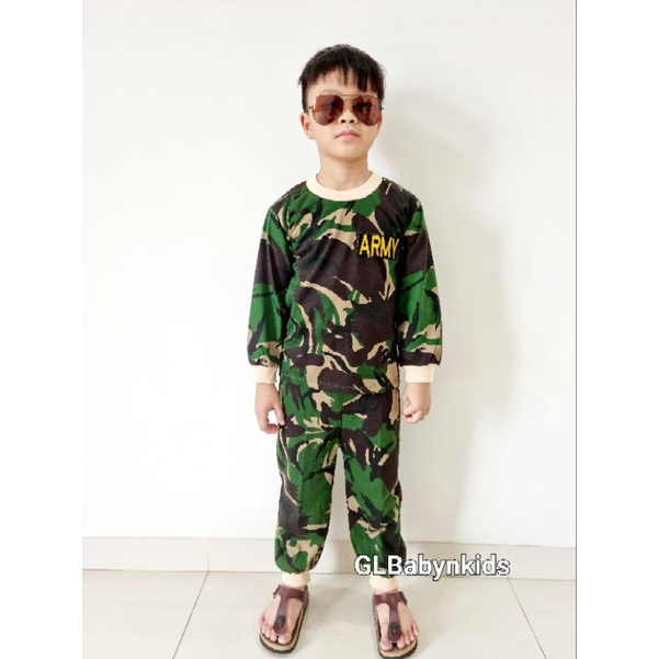 Setelan Piyama Panjang Oblong Anak Cowok Laki laki Motif Army Tentara SNI [Ecer]