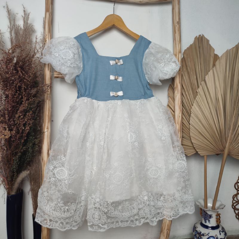 Dress Pesta Anak Perempuan Import Premium three ribon denim  2-9 Tahun