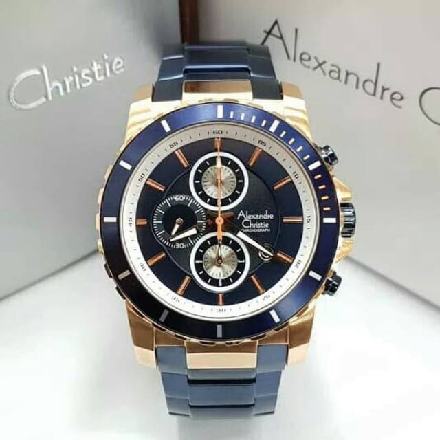 JAM TANGAN PRIA / COWOK ALEXANDRE CHRISTIE BLUE ROSE GOLD TALI RANTAI ORI - BIRU ROSEGOLD AC 6141