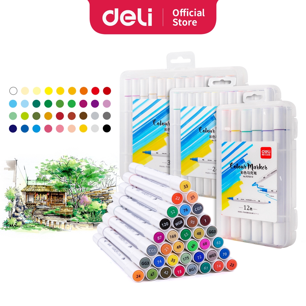 

Deli spidol desain profesional 12/24/36 warna ujung ganda 70700