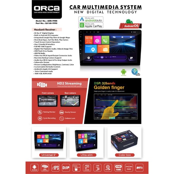 Head unit Android Auto Carplay 9 inch ORCA ADR 9988 PRO+ PLUS DVR