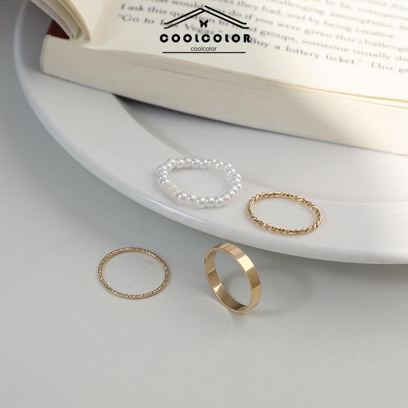 Murah❤️4 Pcs/Set Korea Wanita Mutiara Cincin Wanita Emas Cincin Logam Set Fashion Perhiasan Aksesoris- cl