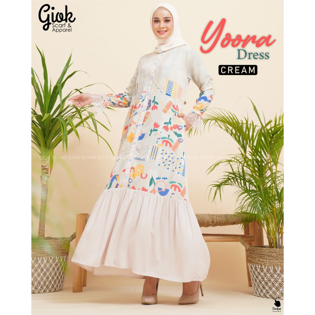 Yoora Dress Cream by Giok Apparel - Dress printing dengan bahan aryanna