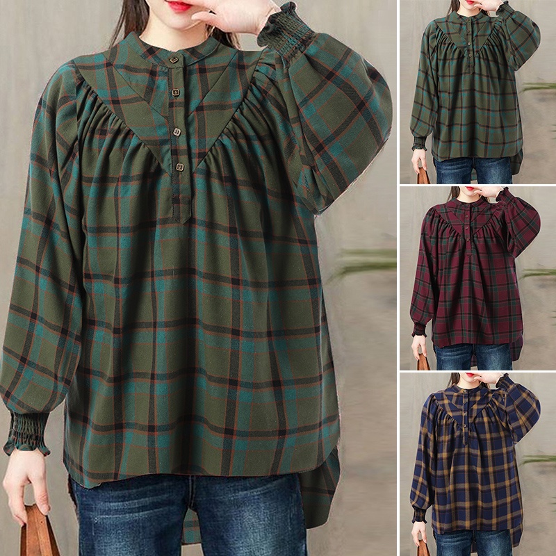 ZANZEA Plus Size Fashion Women Blouse Korean Style Plaid Loose Tunics Ladies Office Shirts