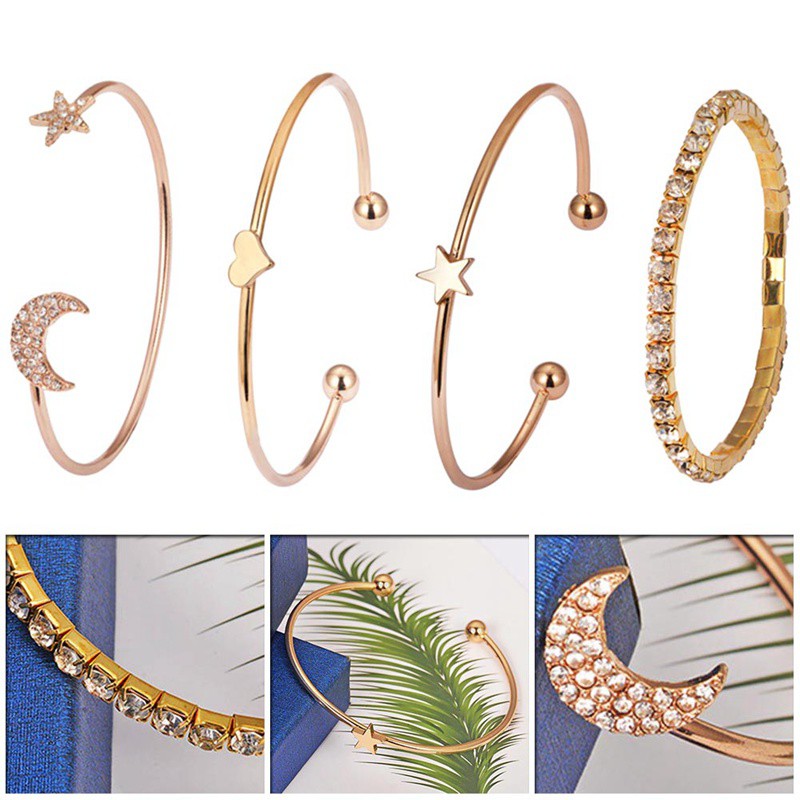 4Pcs / Set Gelang Tangan Model Terbuka Desain Bulan &amp; Bintang Hias Berlian Mewah hhbr25