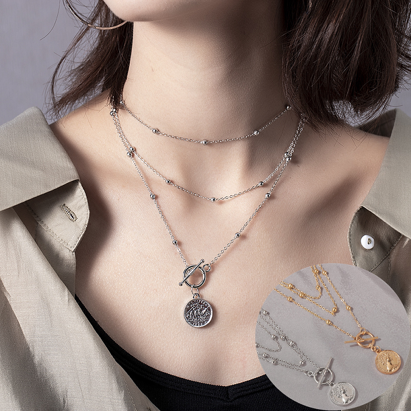 Retro Multilayer Necklace Portrait Coin Pendant Choker Golden Bead Sweater Chain Fashion Accessories