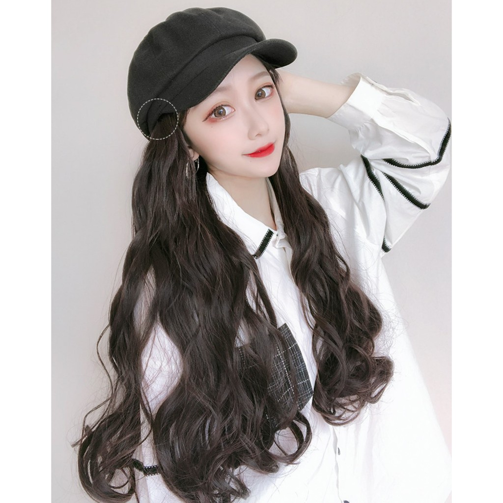 HTO wig topi octagonal baret beret panjang wig hat rambut palsu hair extension