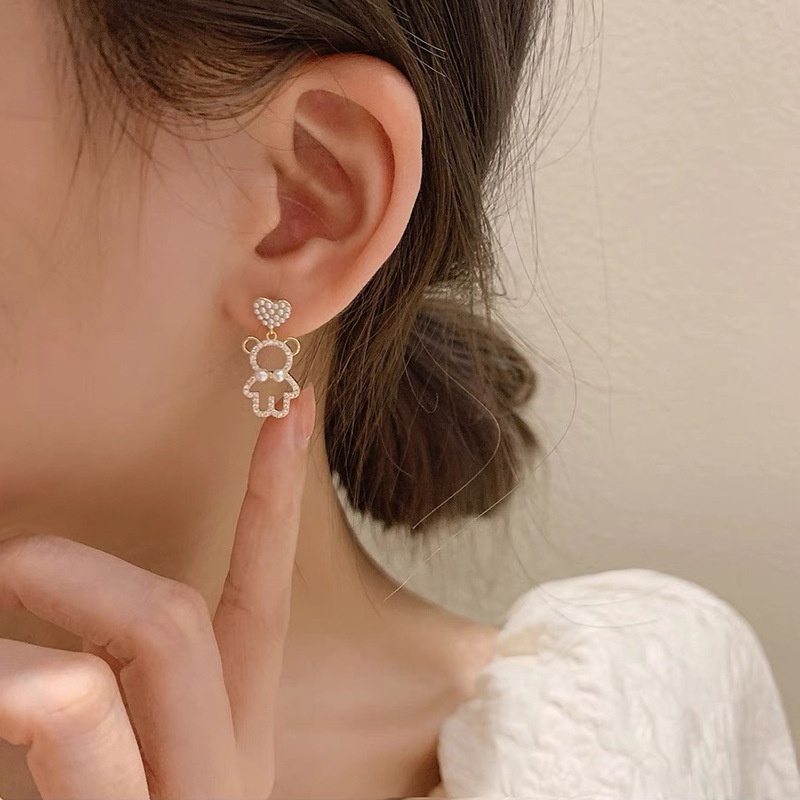 Heart Bear Anting Imitasi Mutiara Zirkon Berlian Imitasi Gadis Manis Minimalis Ear Studs Bridal Wedding Drop Elegan Perhiasan Aksesoris