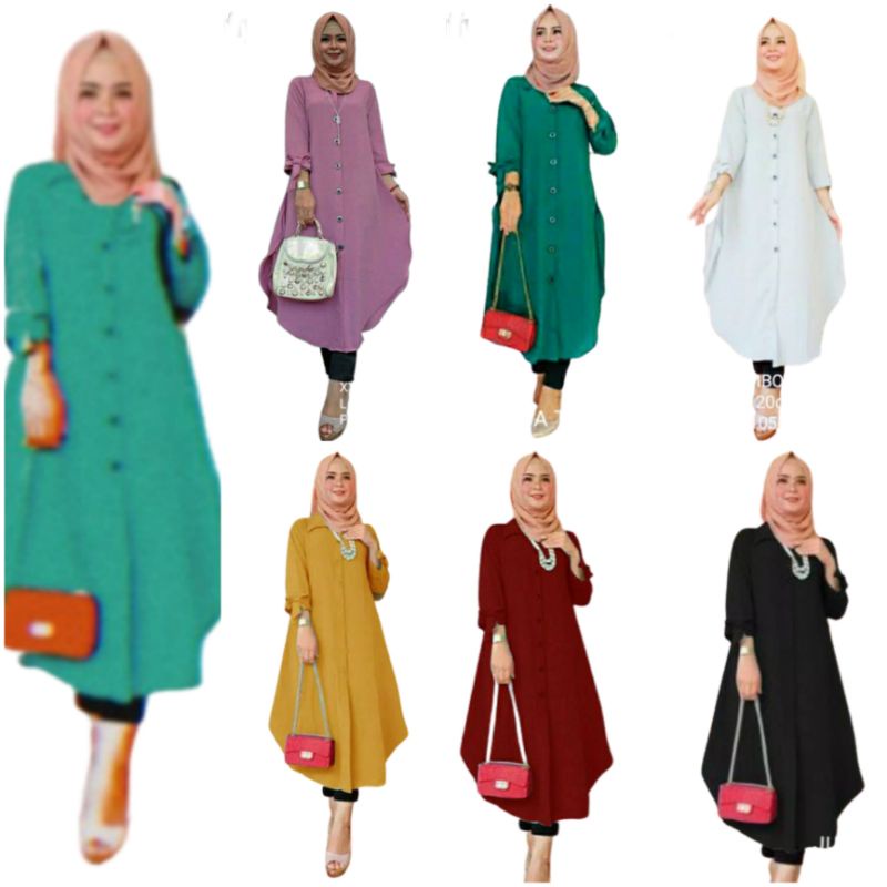 Baju Tunik wanita Polos Kerah Kemeja Tangan 3/4 Pita Busui Bahan Moscrepe  Atasan Muslimah Baju Muslim Kemeja Tunik Cewek Dewasa Jumbo Big Size Terbaru 2023 Kekinian Murah Duffy