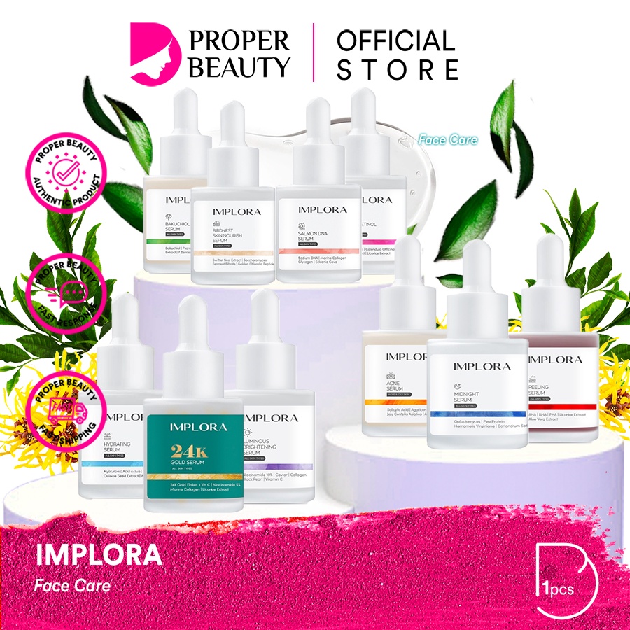 IMPLORA Face Care Indonesia / Skincare Facial Wash Essence Toner Serum Ampoule Day Night Eye Cream Sunscreen Mask / Pelembab Moisturizer Masker Gel Body Lotion Perfume Acne Brightening / Make Up Hair Color Lip Liptint Eyebrow Nail Polish / Paket Wajah Set