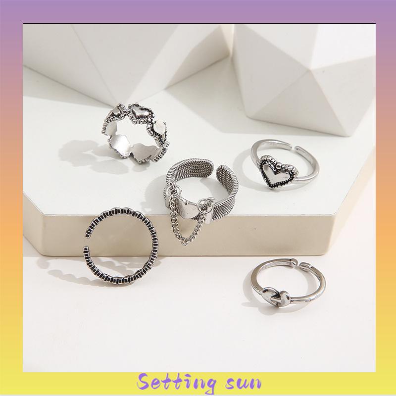 5pcs / Set Cincin Jari Telunjuk Model Terbuka Desain Hati Hollow Gaya Retro TN