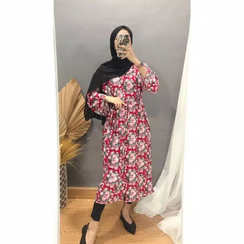 Long dress tunik motif  bunga muat XXL