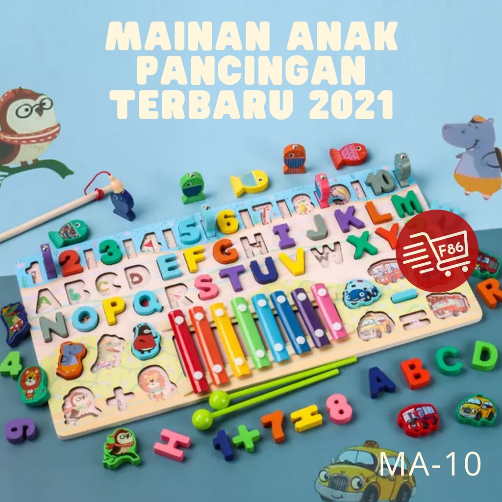 Mainan edukasi murah puzzle kayu ontessori Papan pancing xylophone anak 5 in 1