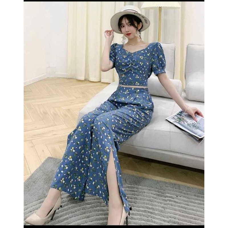 Setelan Crop Mia Flower Rayon Bali