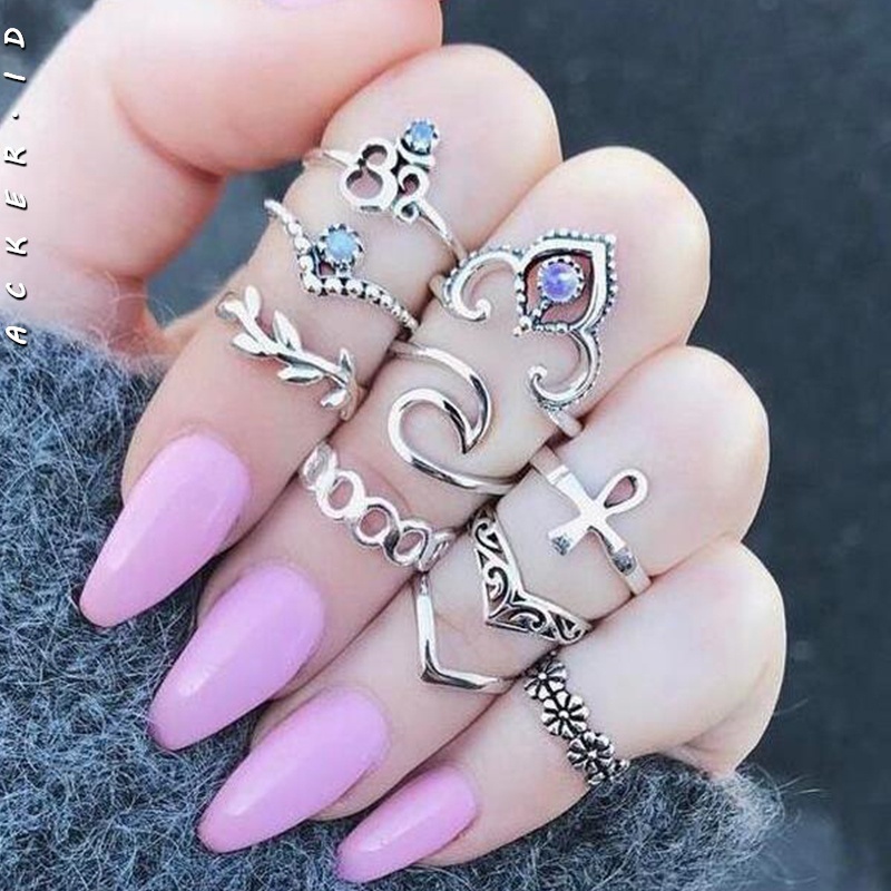 [ACKER] 10Pcs V Bentuk Ukir Cincin Jari Jari Berongga Set Untuk Wanita