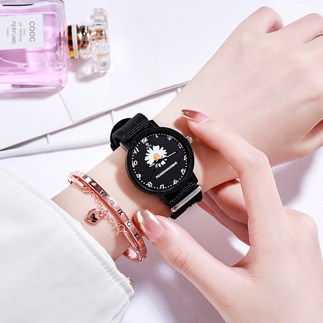 jam tangan Wanita Quartz Analog GD same paragraph Small Daisy Motif Kanvas Untuk Women Watch Set-L 1 flower