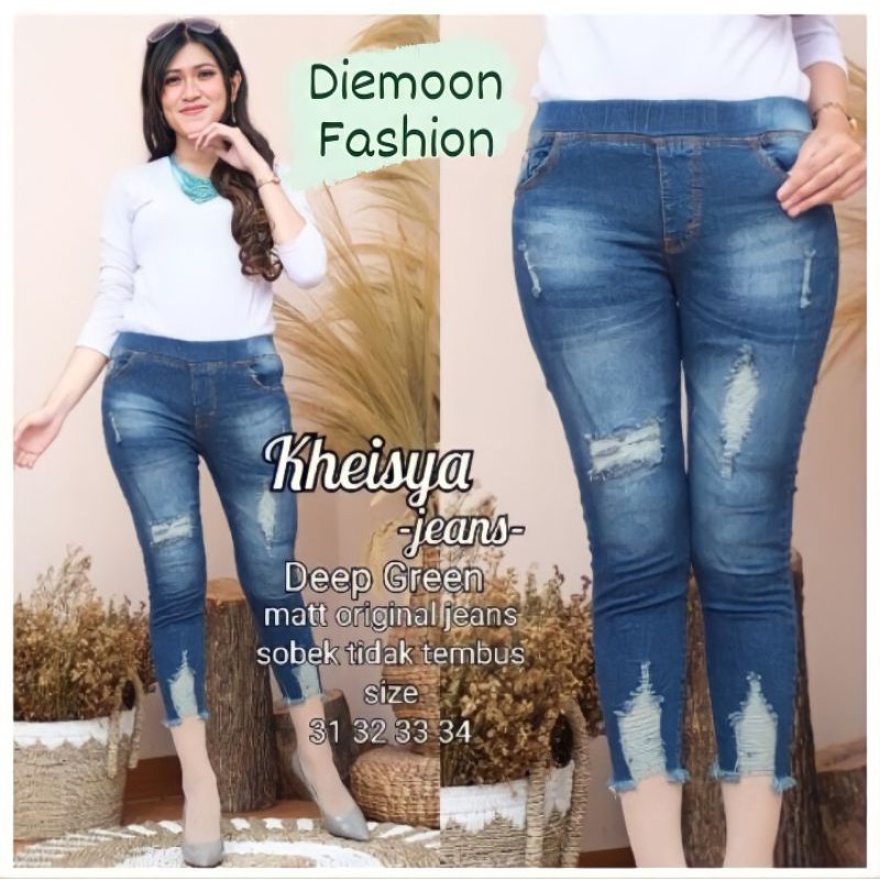 Jeans Terbaru Kheisya Jeans sobek kekinian bahan melar. Jeans 7/9 bahan melar pinggang karet