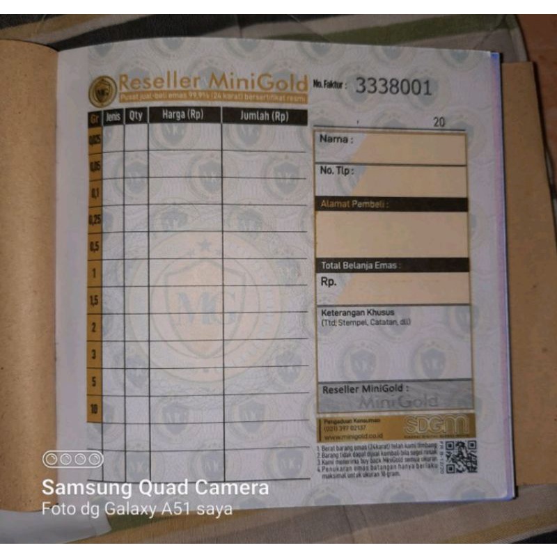 nota tambahan pembelian mini gold