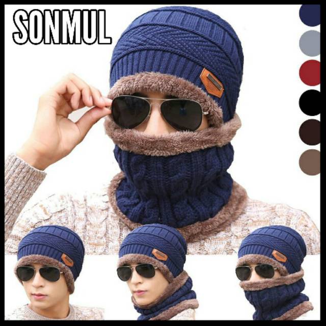 Set Winter Wool Knit Beanie Hat + Scarf Unisex Man Woman Kids Topi Kupluk Musim Dingin