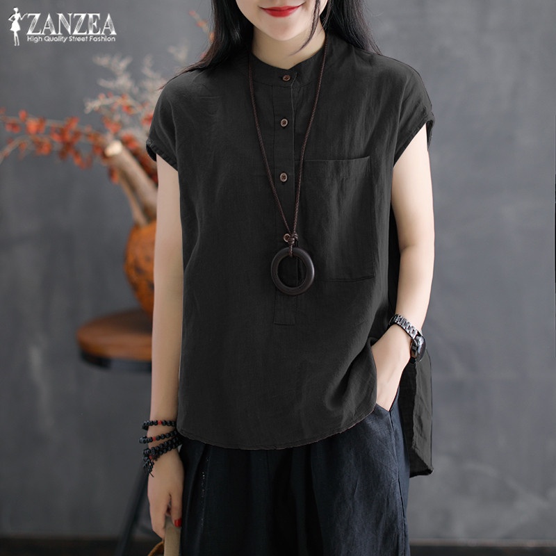 ZANZEA Women Summer Vintage Button Down Collar Plain Tops