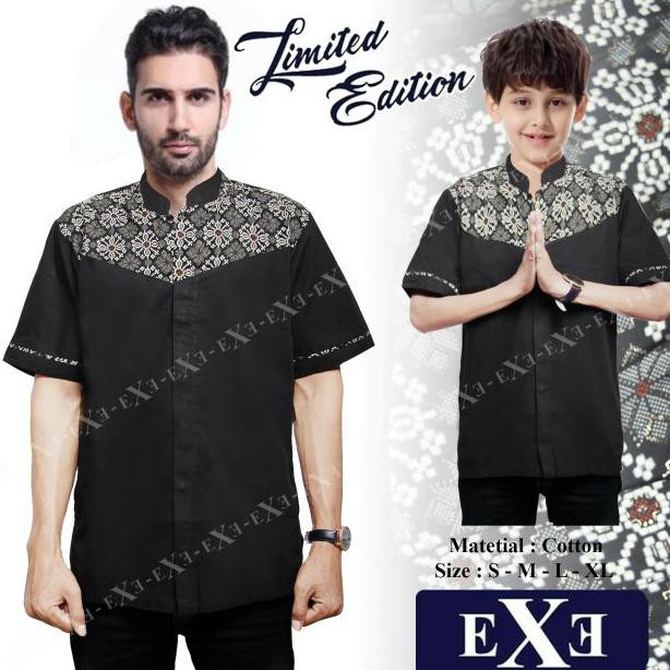 Diskon Kemeja / Baju Koko Muslim Couple Ayah Anak - Hitam Kombinasi Batik - Hitam, M Ready