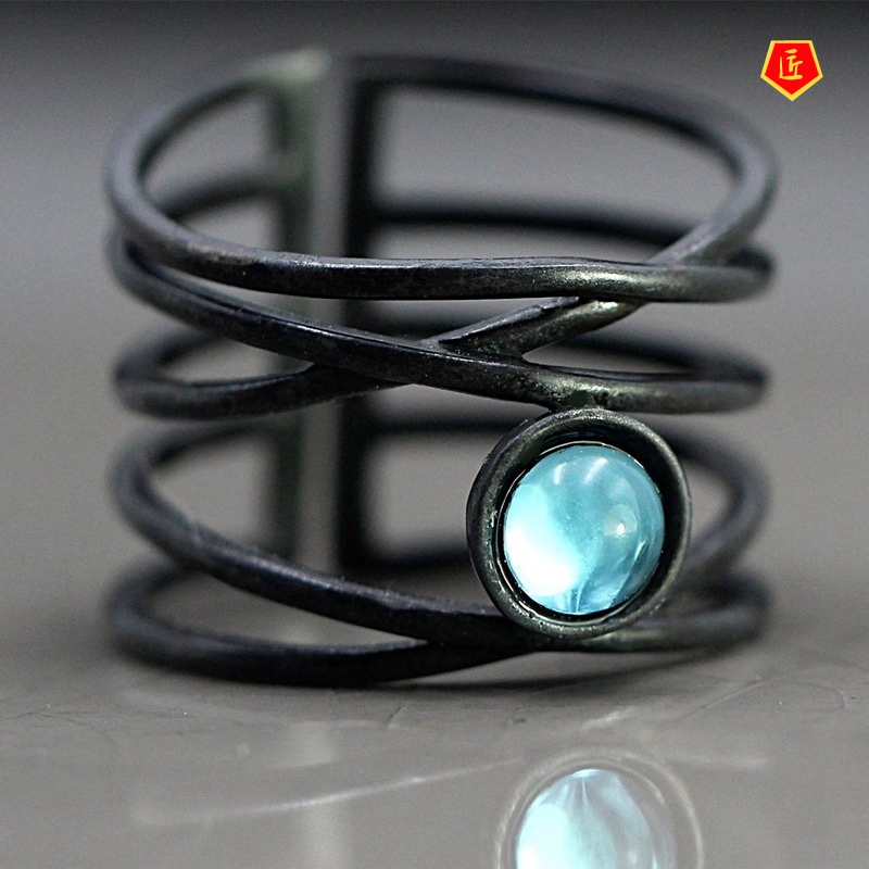 [Ready Stock]Creative Abstract Art Line Moonstone Ring Exaggerated Black Gold Fashion