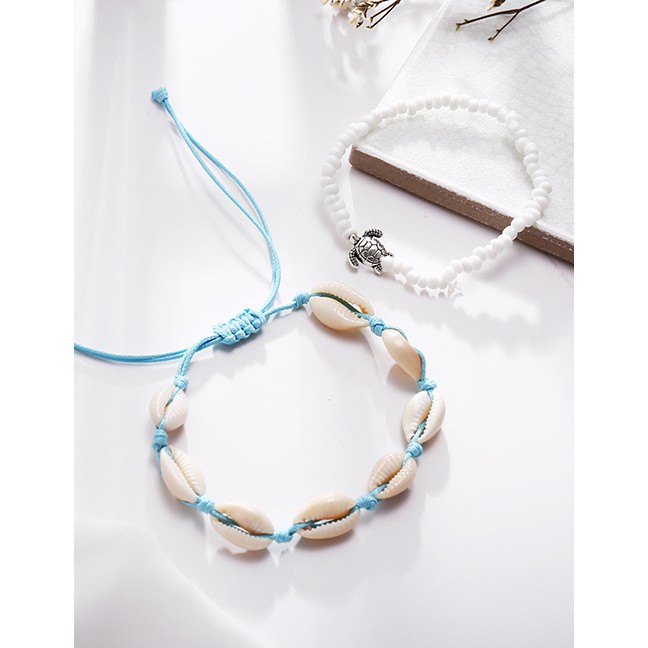 LRC Anting Tusuk Fashion White Turtle Shell Beads Push-pull Anklet 2 Piece Set F74357