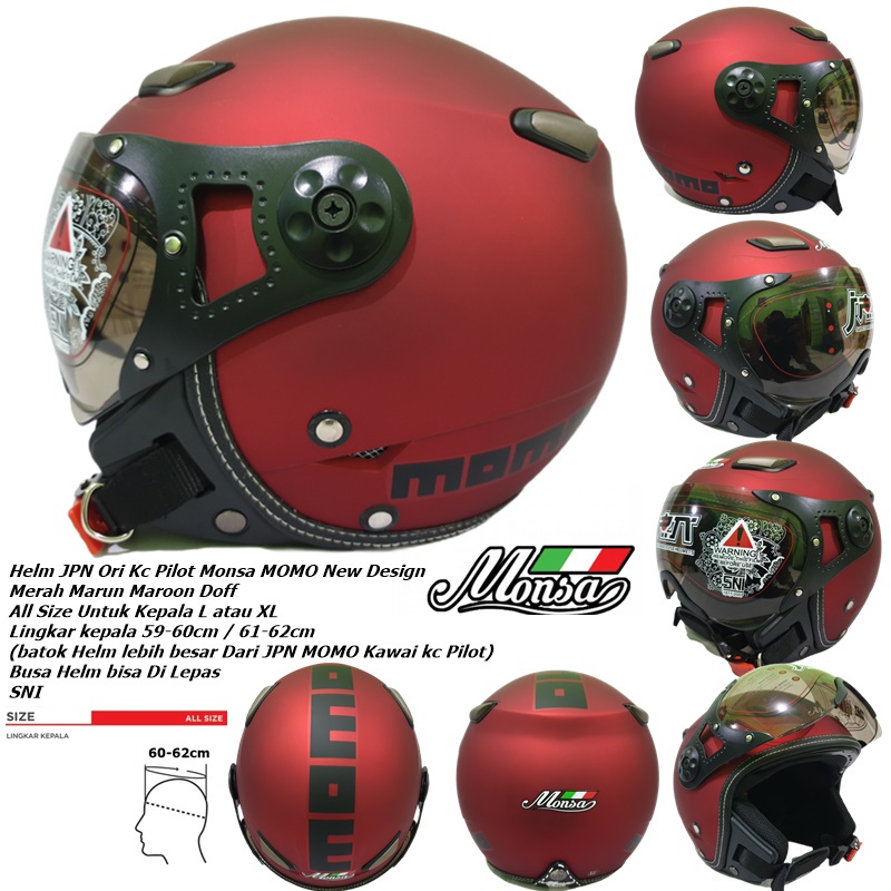 Helm Bogo Dewasa Kaca Pilot Retro Klasik JPN MONSA MOMO / Kawai Vintage Kaca Riben Red Merah Marun M