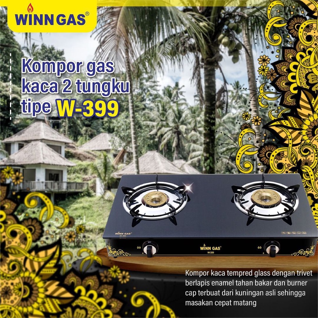 Kompor Gas Kaca 2 Tungku Winn Gas W-399 &amp; Paket Kompor Selang Regulator W88/W900