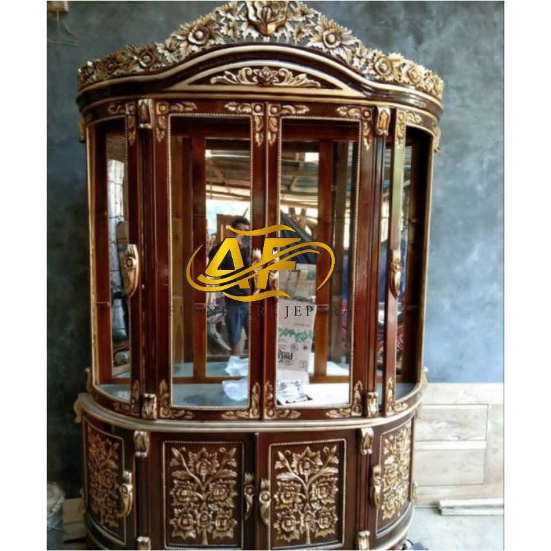 lemari hias kaca/lemari hias kayu jati/lemari hias ukiran mewah