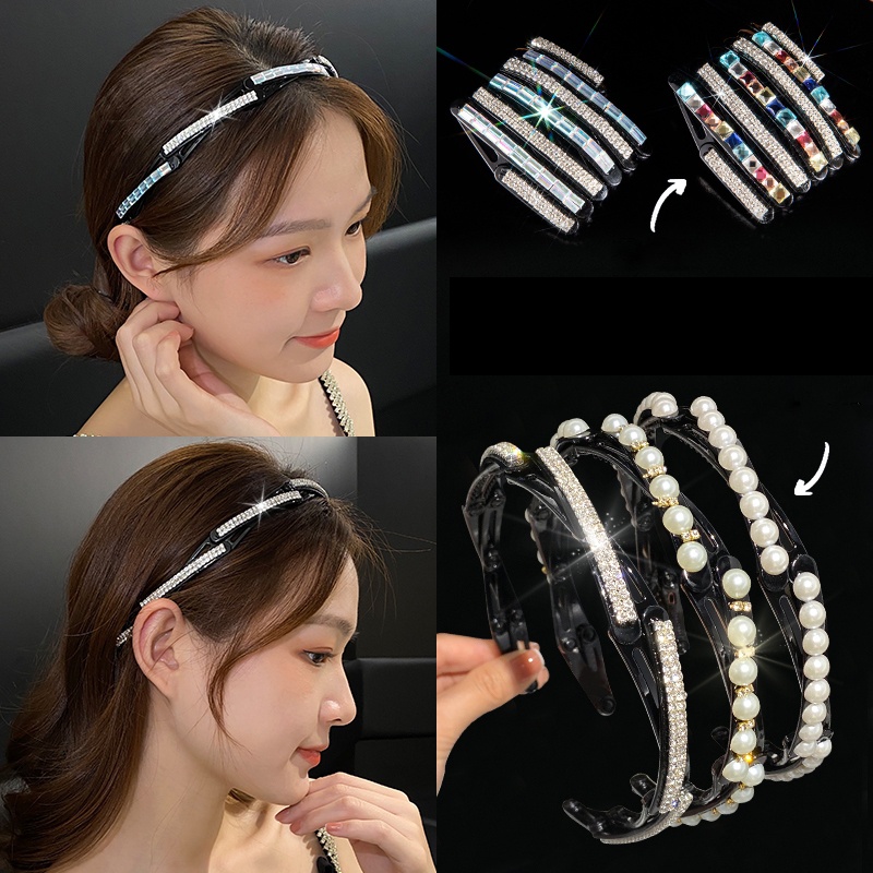 Korean Telescopic Folding Pearl Rhinestone Headband for Women Portable Fashion Face Wash Hairband Girls Hair Accessories