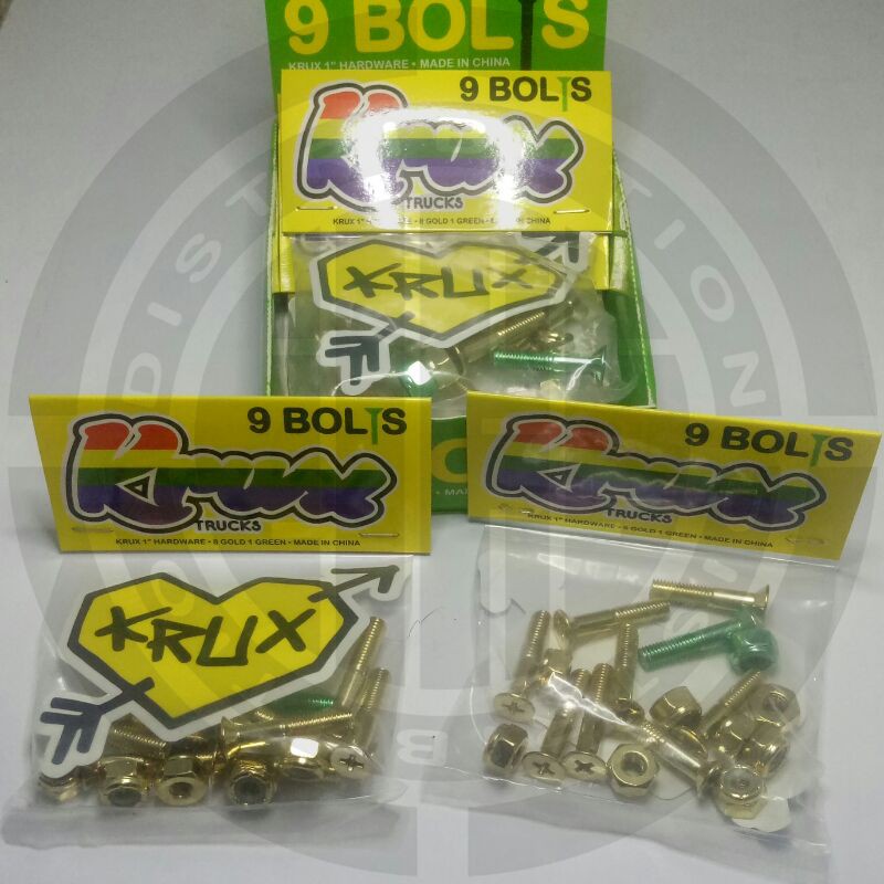 KRUX Krome 1in Phillips Hardware Skateboard Gold/Green (9 Bolts)