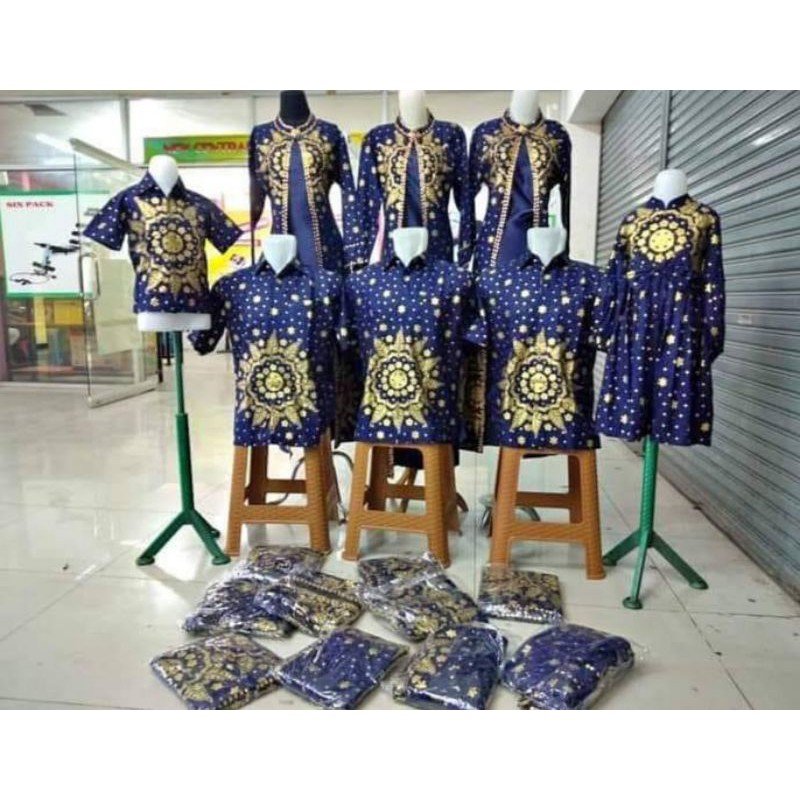 batik songket Palembang biru navy-set seragam keluarga matahari navy